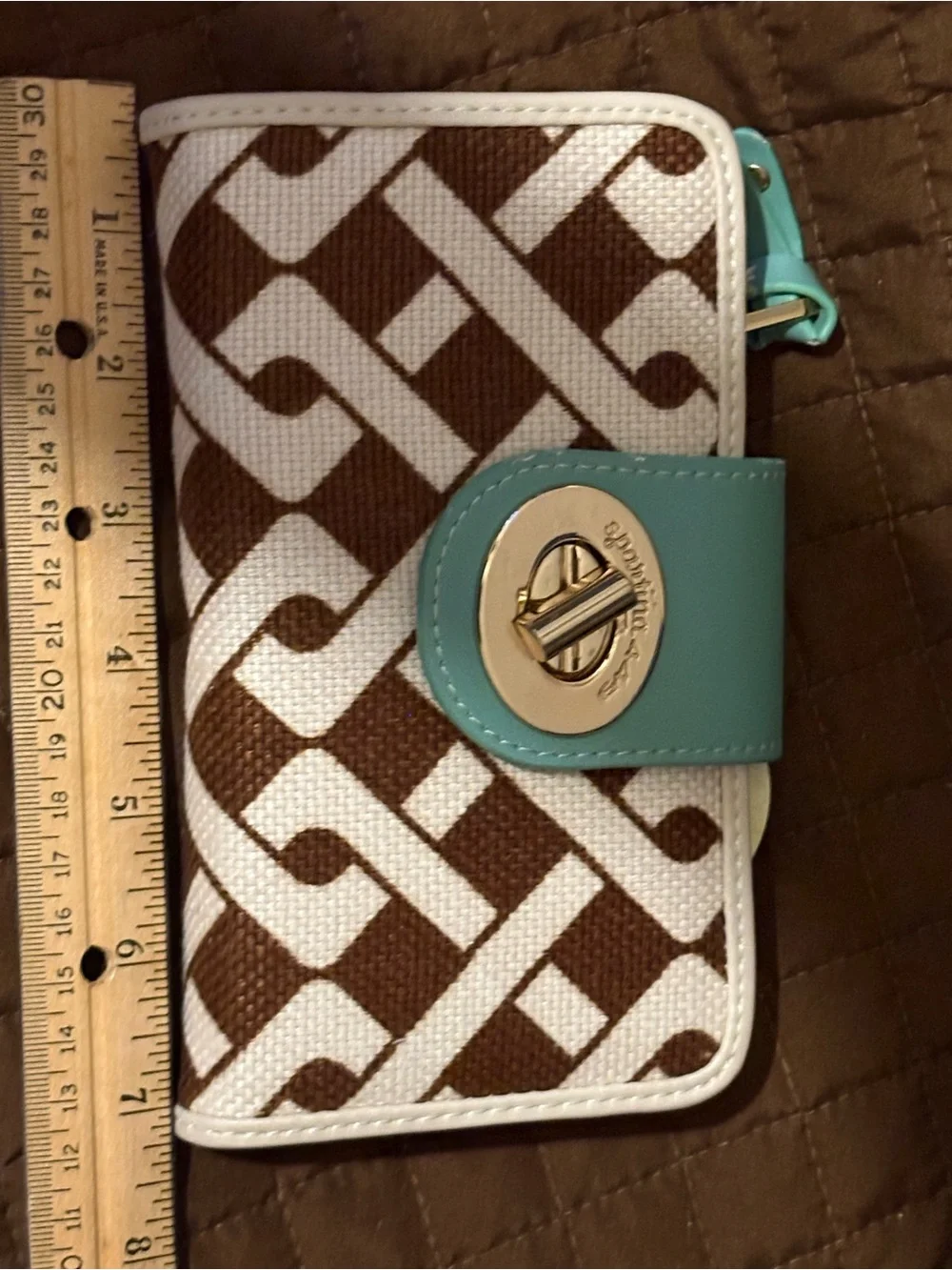 Spartina 449 Brown & White Pattern Wallet with Aqua Snap